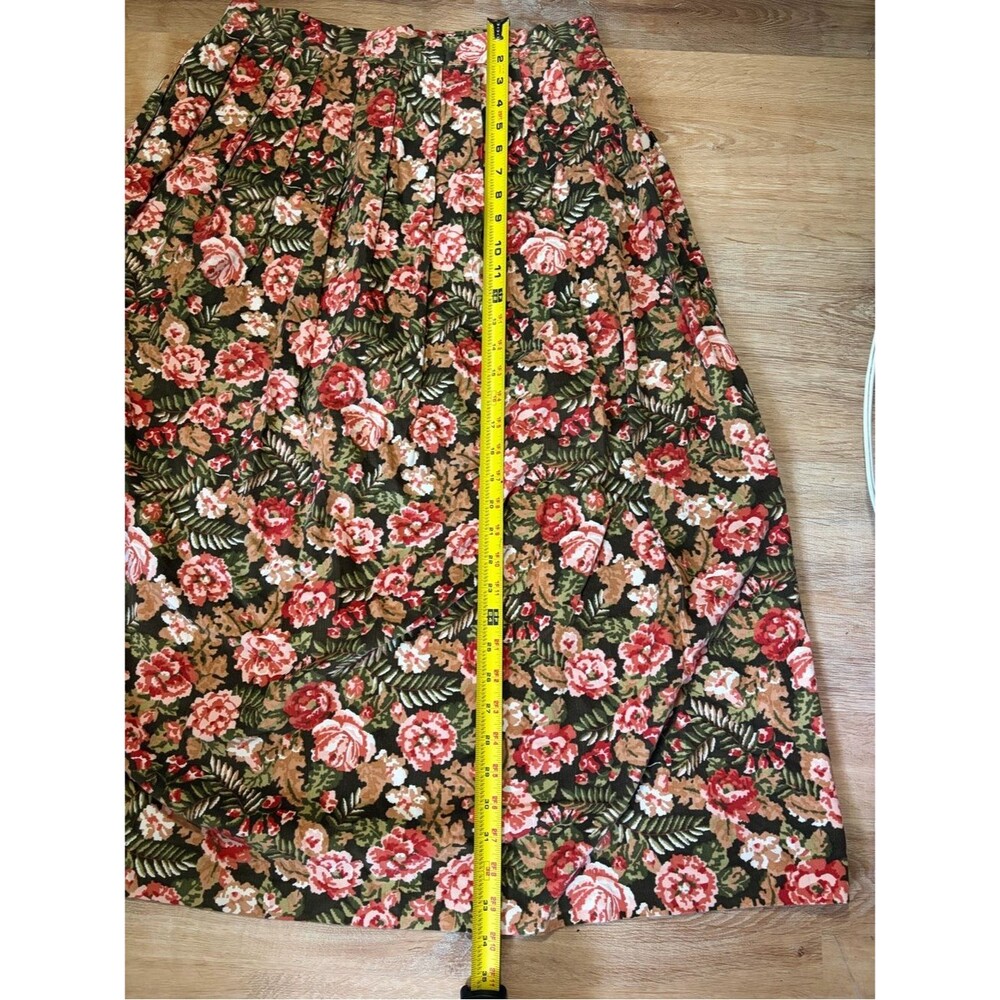 Vintage Talbots Corduroy Floral Midi Skirt in Olive with Pink Roses - Picture 7 of 7